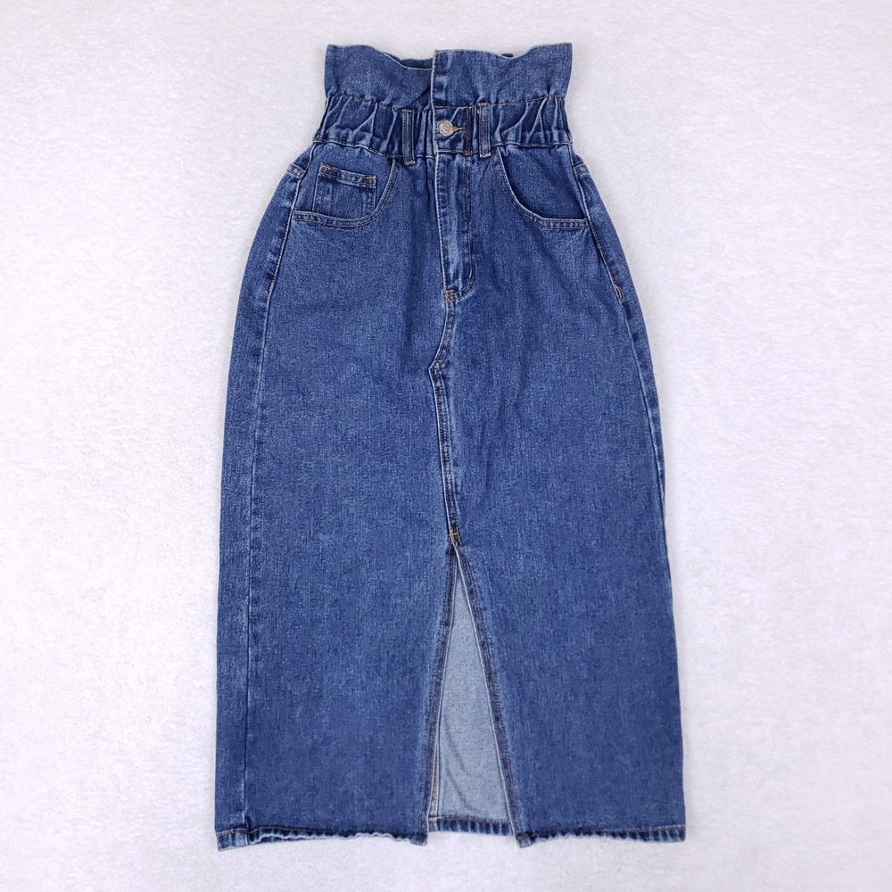 Shein Paperbag Waist Denim Midi Skirt XS Blue High Rise Front Slit Y2K Everyday